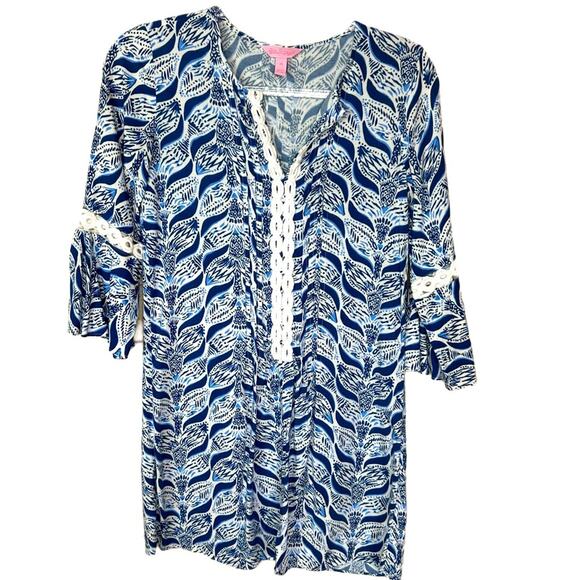 Lilly Pulitzer Bell Sleeve Tunic Dress - Nautical BLUE + WHITE - Picture 2 of 8